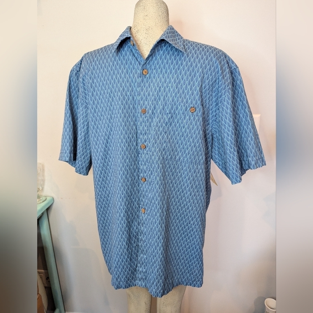 New Island shores linen Shirt  short sleeve button up shirt, blue Mens Sz Large